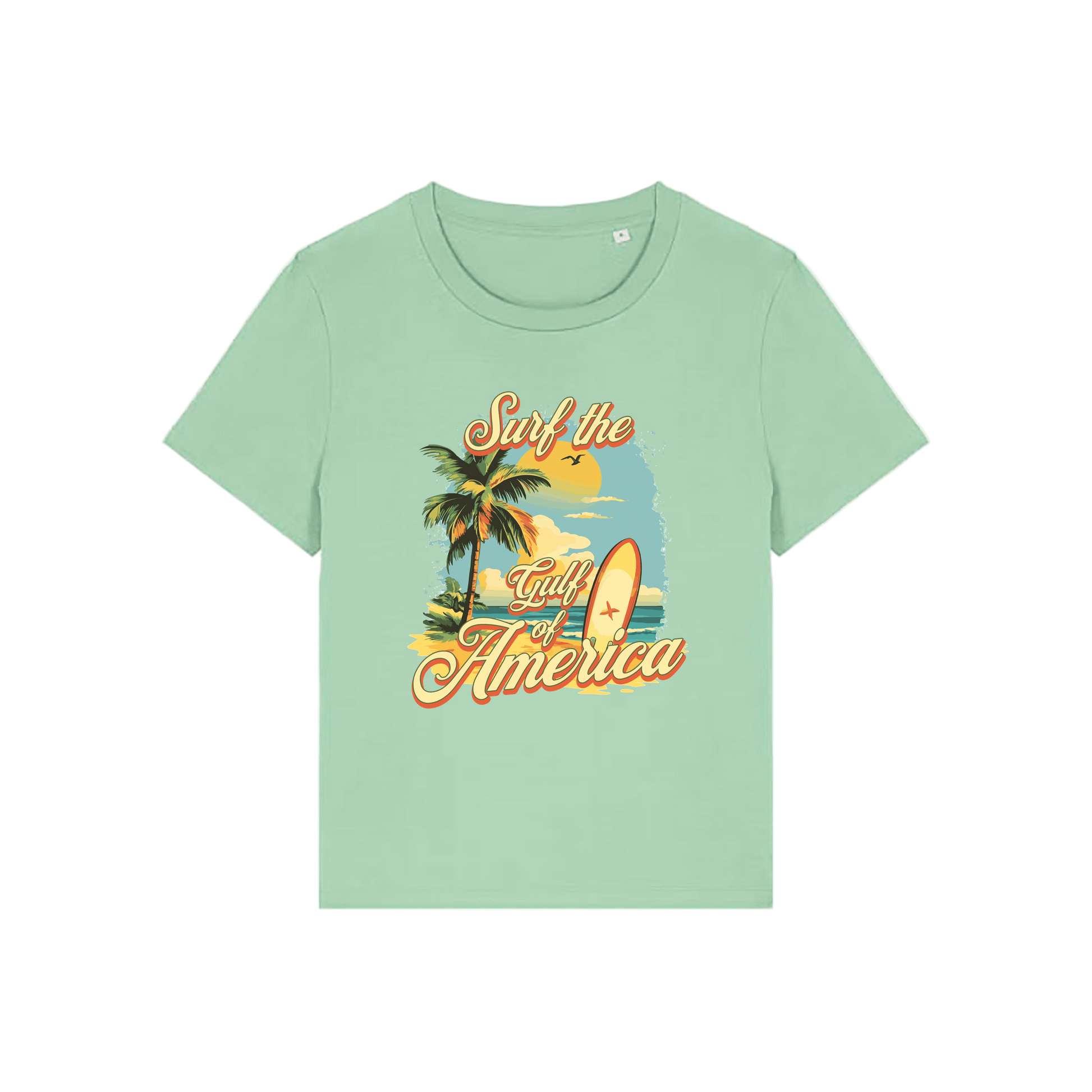 green funny t-shirt with a tropical graphic and the slogan 'gulf of america'