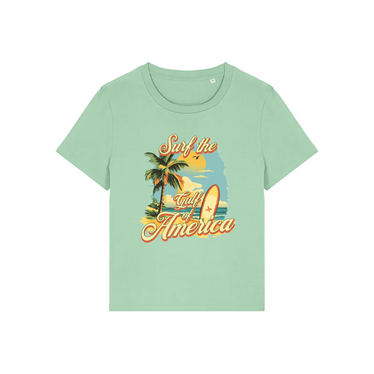 green funny t-shirt with a tropical graphic and the slogan 'gulf of america'