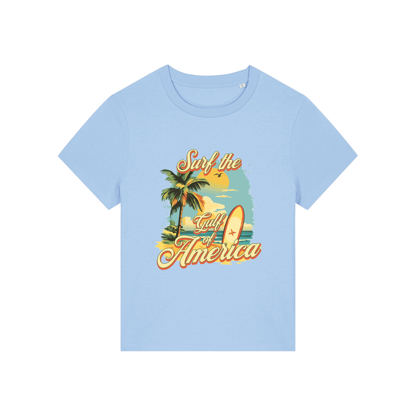 light blue funny t-shirt with a tropical graphic and the slogan 'gulf of america'