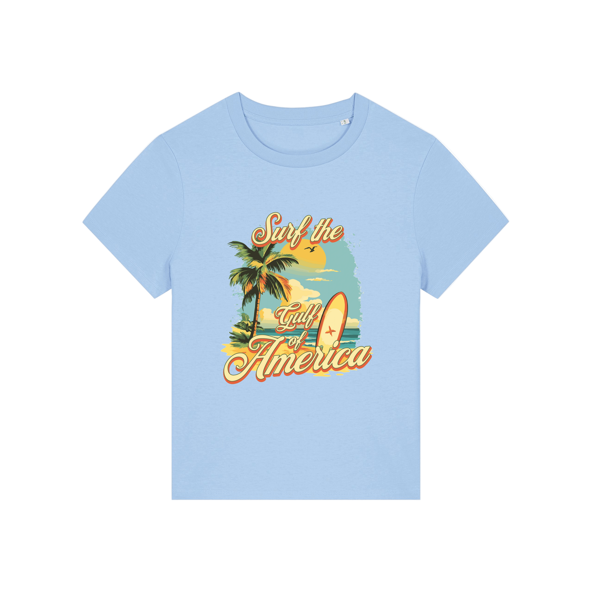 light blue funny t-shirt with a tropical graphic and the slogan 'gulf of america'