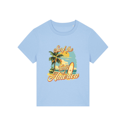 light blue funny t-shirt with a tropical graphic and the slogan 'gulf of america'