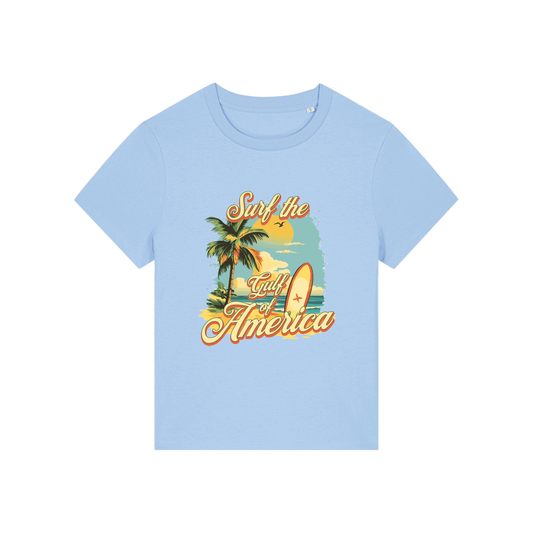 light blue funny t-shirt with a tropical graphic and the slogan 'gulf of america'