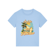 light blue funny t-shirt with a tropical graphic and the slogan 'gulf of america'