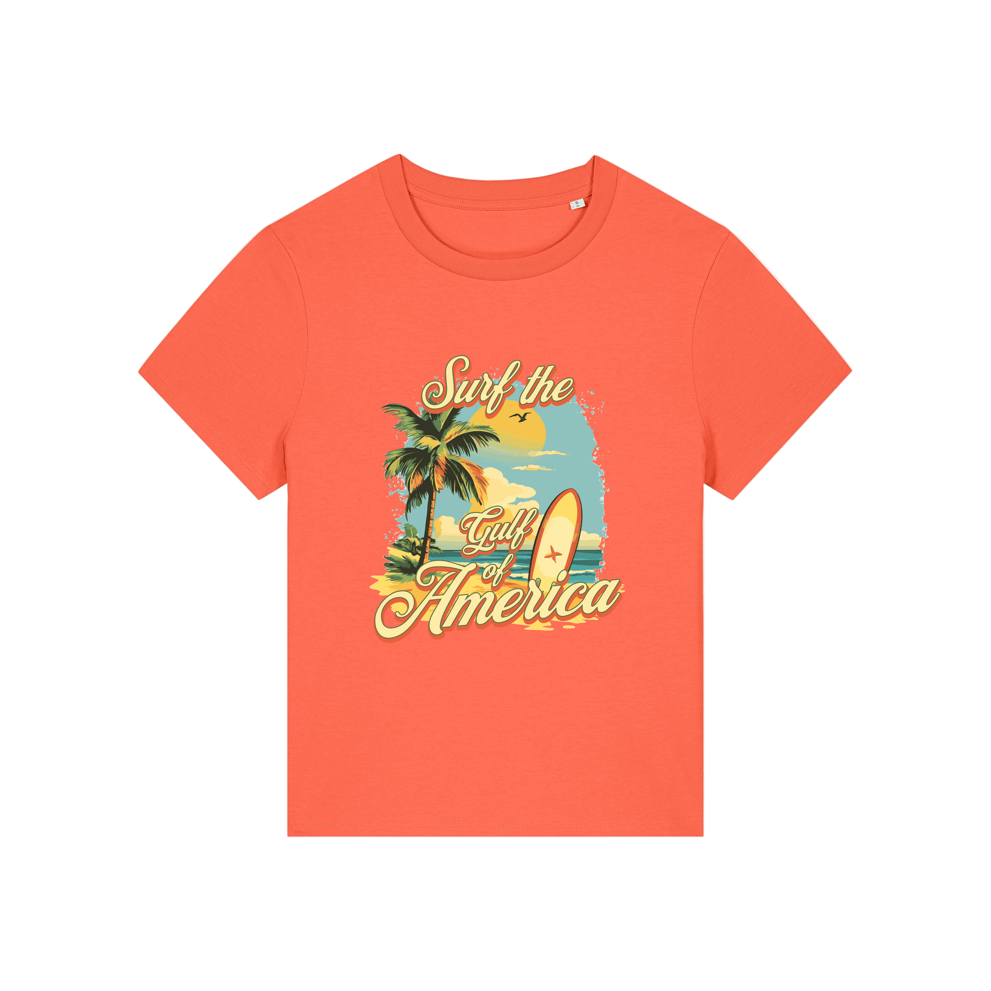 orange funny t-shirt with a tropical graphic and the slogan 'gulf of america'