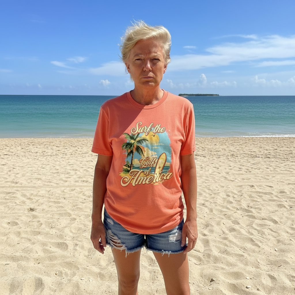 Person wearing a 'Surf the World, Love America' t-shirt on a beach