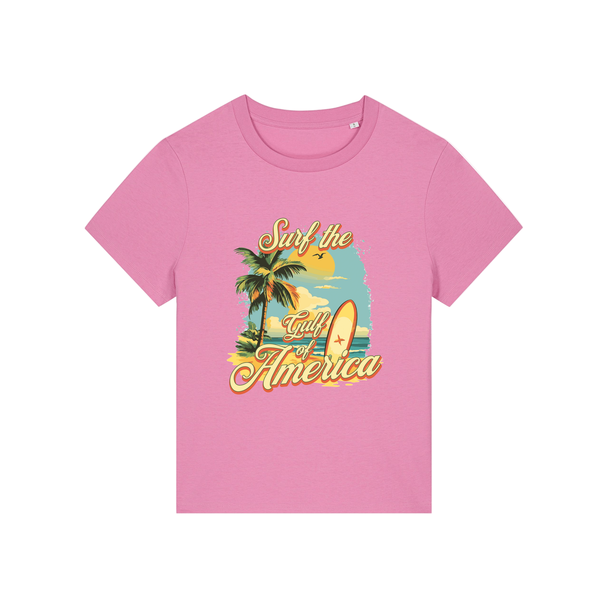pink funny t-shirt with a tropical graphic and the slogan 'gulf of america'