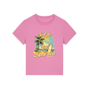 pink funny t-shirt with a tropical graphic and the slogan 'gulf of america'