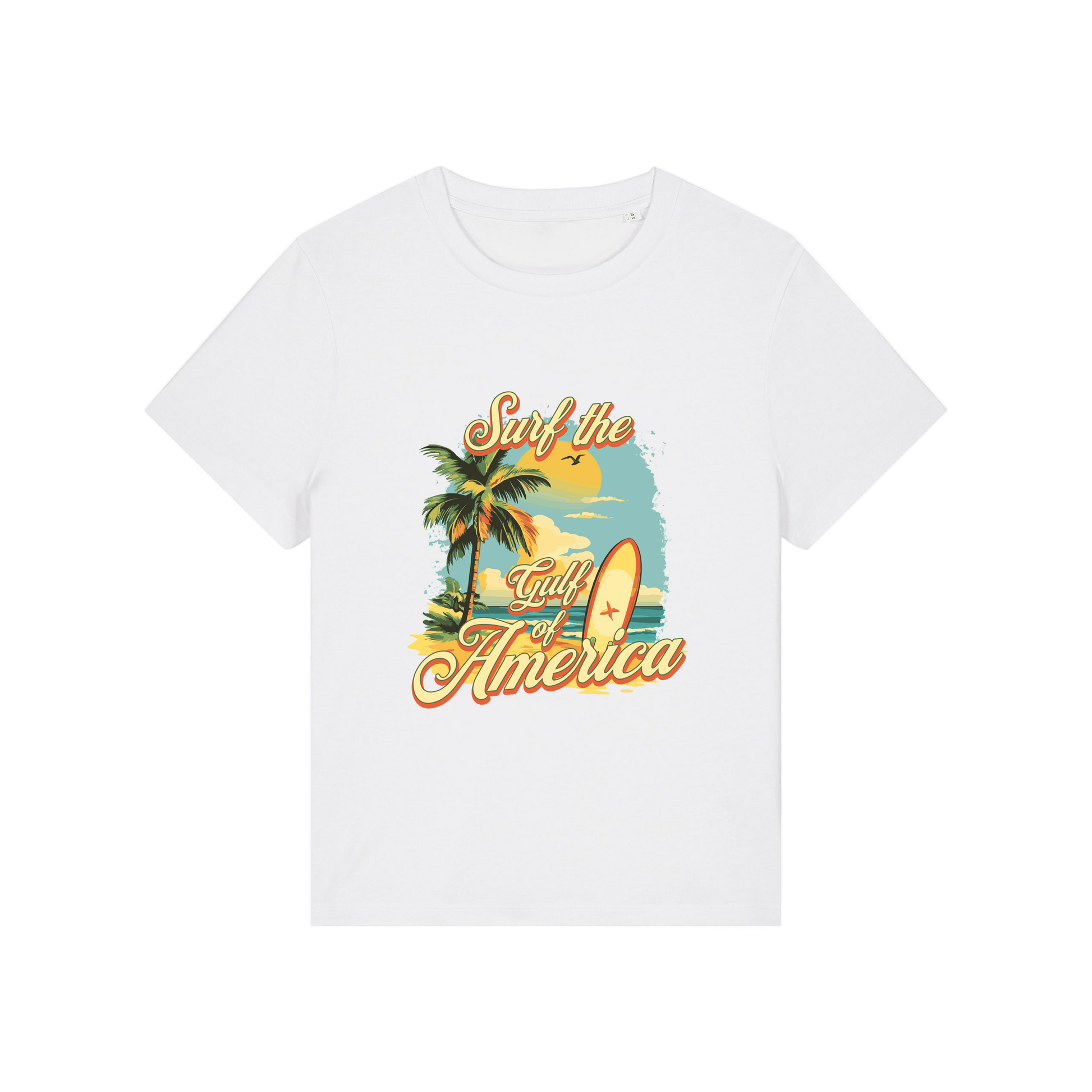 white funny t-shirt with a tropical graphic and the slogan 'gulf of america'