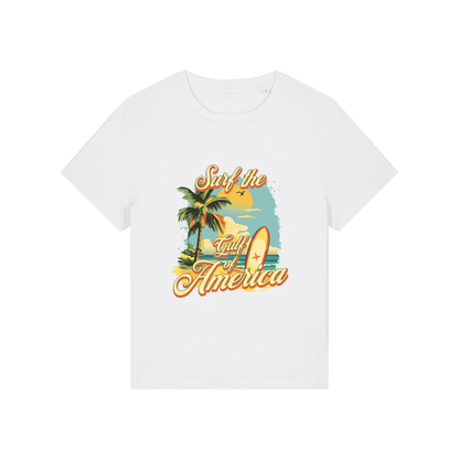 white funny t-shirt with a tropical graphic and the slogan 'gulf of america'