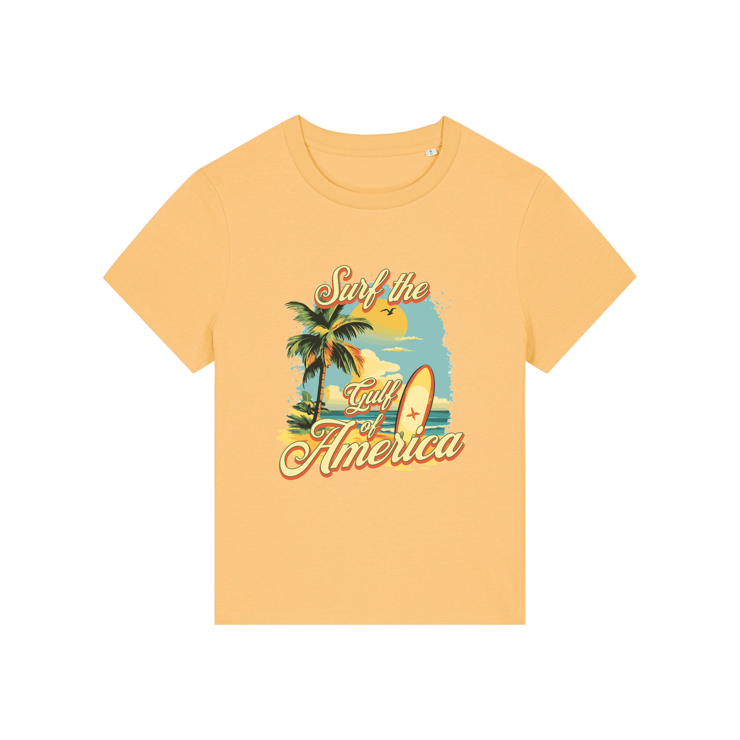 yellow funny t-shirt with a tropical graphic and the slogan 'gulf of america'