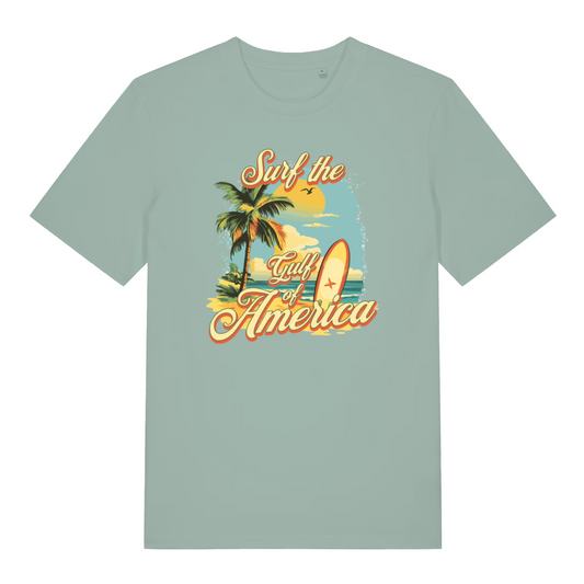 green women's funny graphic t-shirt with a surf board and beach design and the slogan 'surf the gulf of america'