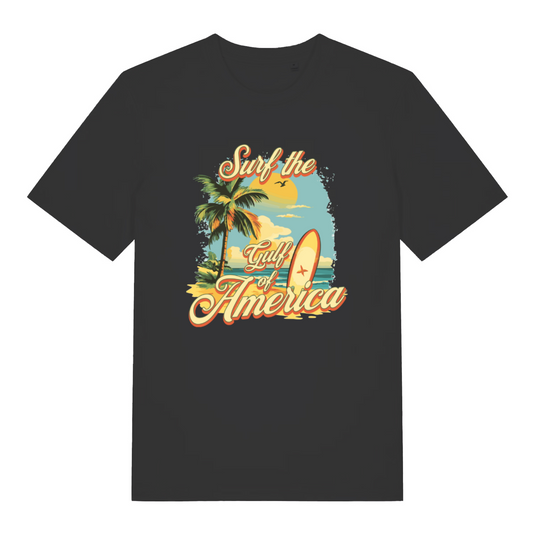 Black funny graphic t-shirt with a 'Surf the Gulf of America' graphic design featuring palm trees and a surfboard.