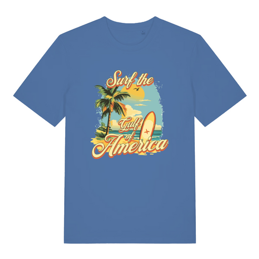 blue funny graphic t-shirt with a 'Surf the Gulf of America' graphic design featuring palm trees and a surfboard.