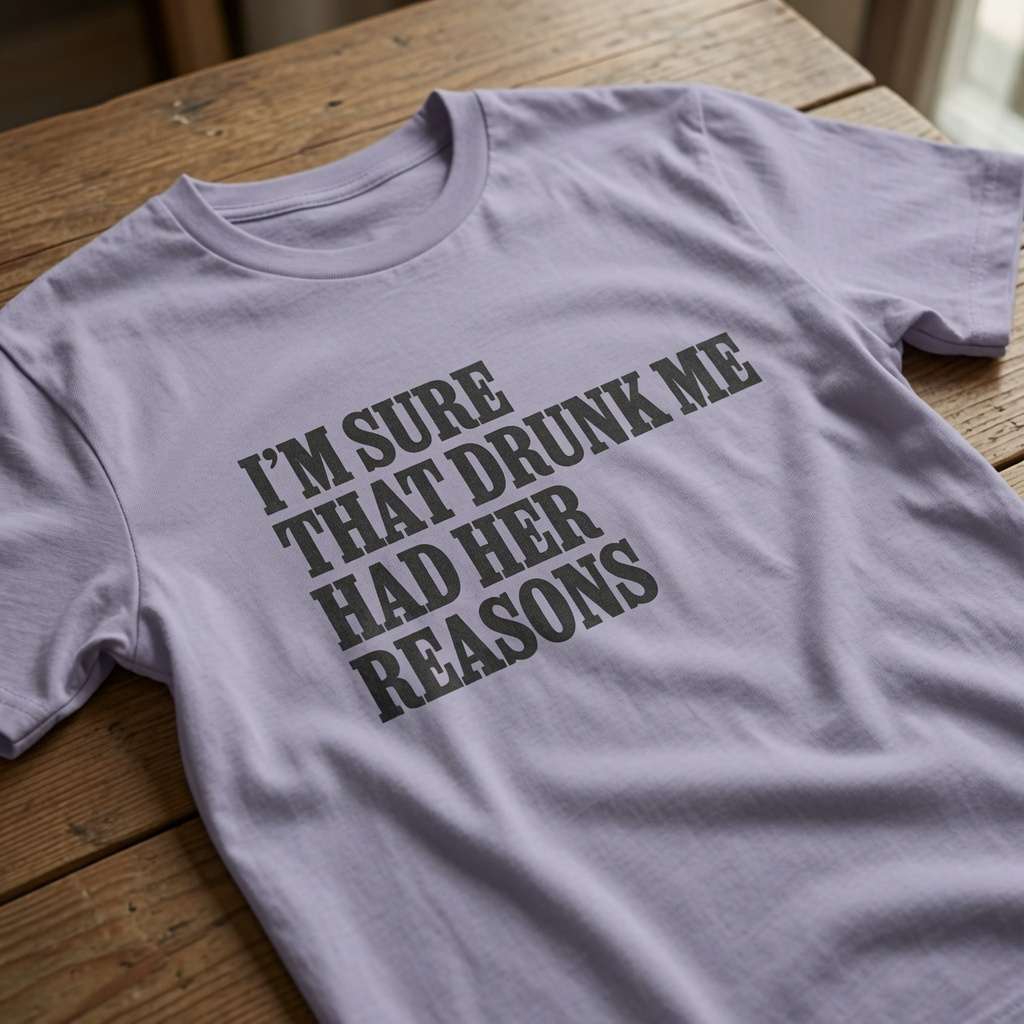 Lavender I’m Sure That Drunk Me Had Her Reasons t-shirt on wood, funny ladies drinking