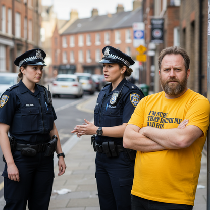 Two police officers talking to a man in a yellow shirt on a street.