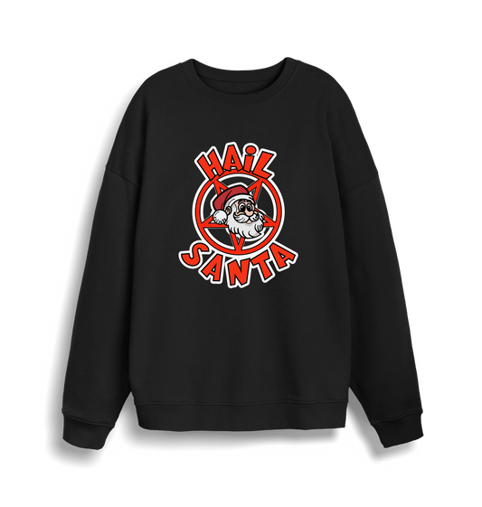 black christmas sweater with the graphic of santa inside a pentagram and the slogan 'hail santa'