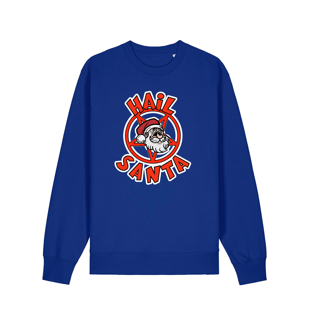 blue christmas sweater with the graphic of santa inside a pentagram and the slogan 'hail santa'