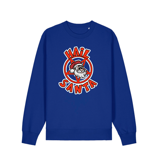 blue christmas sweater with the graphic of santa inside a pentagram and the slogan 'hail santa'