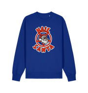blue christmas sweater with the graphic of santa inside a pentagram and the slogan 'hail santa'