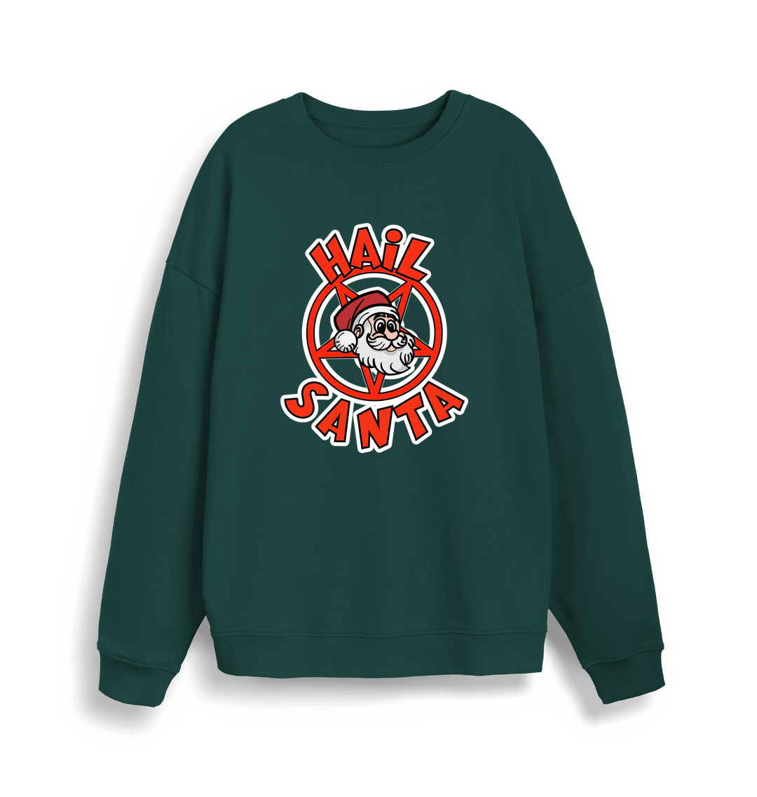 green christmas sweater with the graphic of santa inside a pentagram and the slogan 'hail santa'