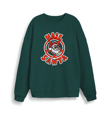 green christmas sweater with the graphic of santa inside a pentagram and the slogan 'hail santa'