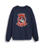 navy christmas sweater with the graphic of santa inside a pentagram and the slogan 'hail santa'