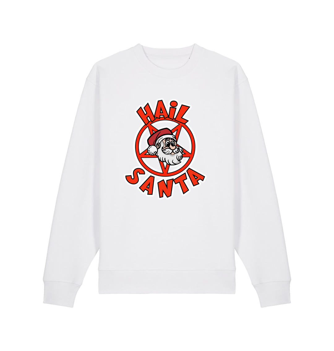 white christmas sweater with the graphic of santa inside a pentagram and the slogan 'hail santa'