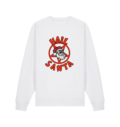 white christmas sweater with the graphic of santa inside a pentagram and the slogan 'hail santa'