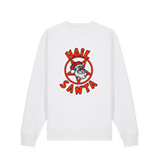 white christmas sweater with the graphic of santa inside a pentagram and the slogan 'hail santa'