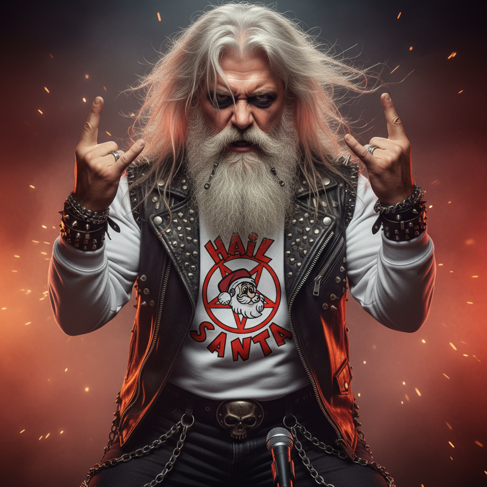 Man with long white hair and beard wearing a 'Hail Santa' shirt against a fiery background