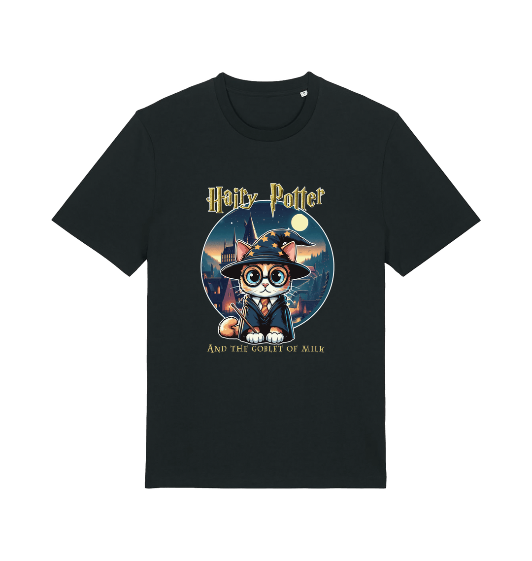 black geek t-shirt with the graphic of a cat dressed as a wizard and the slogan 'hairy potter and the goblet ofmilk'