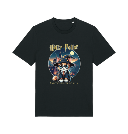 black geek t-shirt with the graphic of a cat dressed as a wizard and the slogan 'hairy potter and the goblet ofmilk'