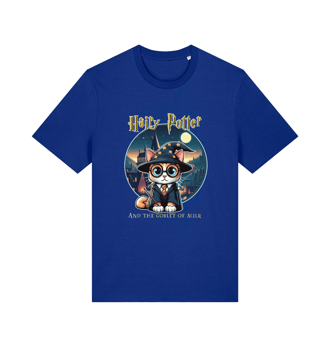 blue geek t-shirt with the graphic of a cat dressed as a wizard and the slogan 'hairy potter and the goblet ofmilk'