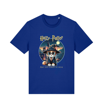 blue geek t-shirt with the graphic of a cat dressed as a wizard and the slogan 'hairy potter and the goblet ofmilk'