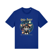 blue geek t-shirt with the graphic of a cat dressed as a wizard and the slogan 'hairy potter and the goblet ofmilk'