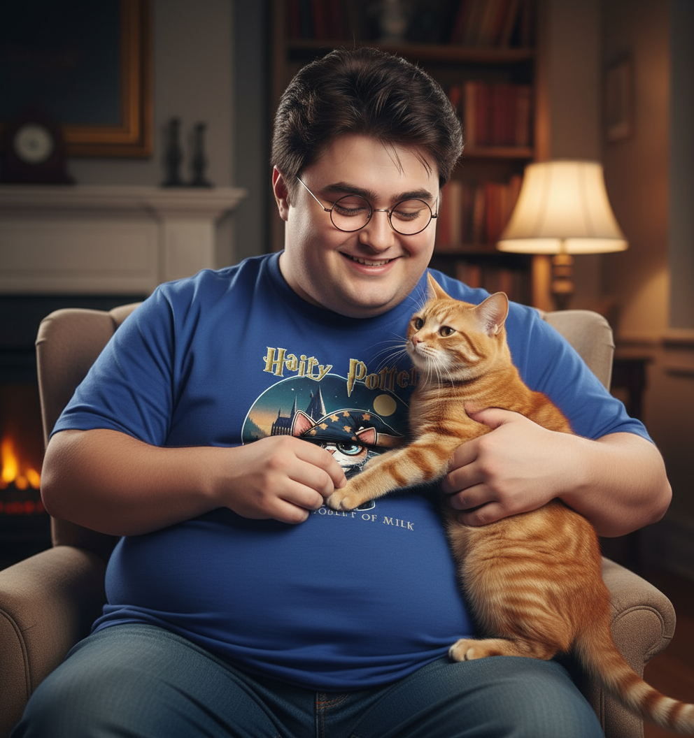 Man in a blue cat t-shirt with a cat on his lap in a cozy room.