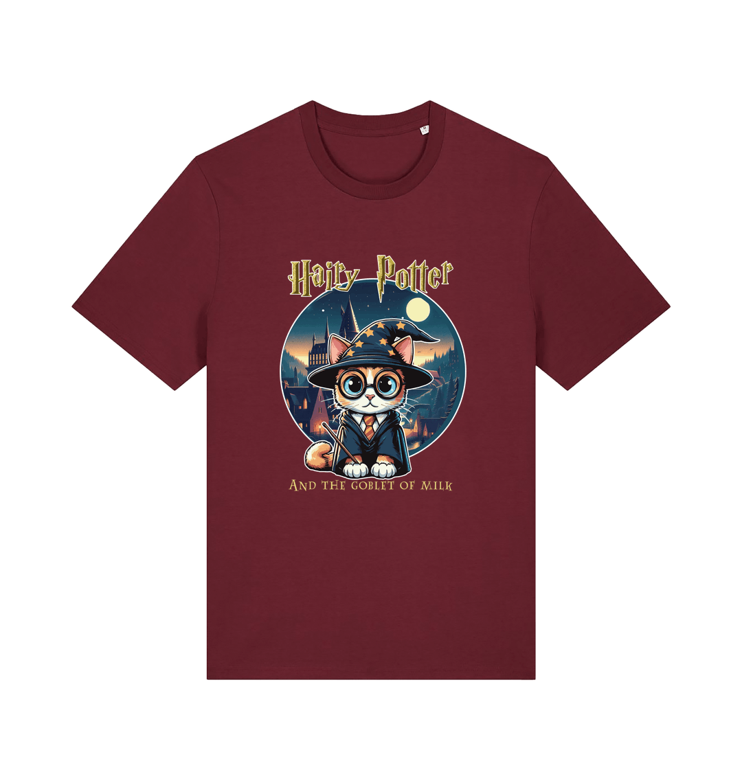 burgundy geek t-shirt with the graphic of a cat dressed as a wizard and the slogan 'hairy potter and the goblet ofmilk'