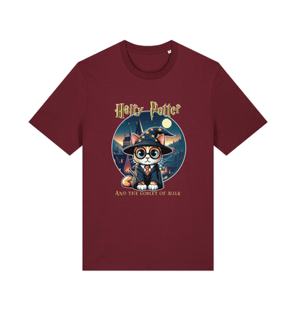 burgundy geek t-shirt with the graphic of a cat dressed as a wizard and the slogan 'hairy potter and the goblet ofmilk'