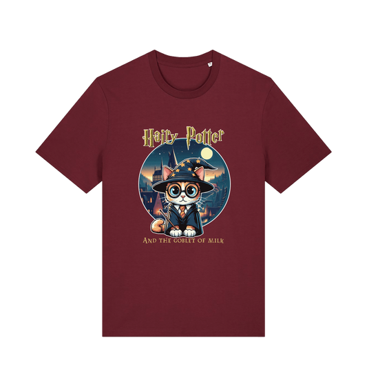 burgundy geek t-shirt with the graphic of a cat dressed as a wizard and the slogan 'hairy potter and the goblet ofmilk'