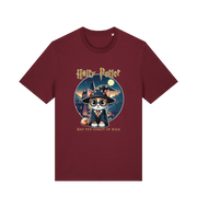 burgundy geek t-shirt with the graphic of a cat dressed as a wizard and the slogan 'hairy potter and the goblet ofmilk'