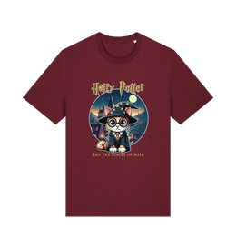 burgundy geek t-shirt with the graphic of a cat dressed as a wizard and the slogan 'hairy potter and the goblet ofmilk'