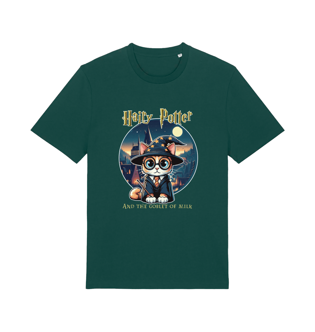 green geek t-shirt with the graphic of a cat dressed as a wizard and the slogan 'hairy potter and the goblet ofmilk'