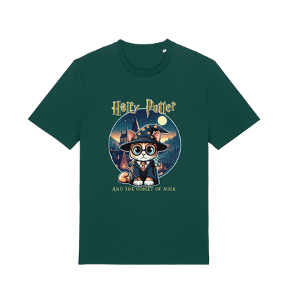 green geek t-shirt with the graphic of a cat dressed as a wizard and the slogan 'hairy potter and the goblet ofmilk'