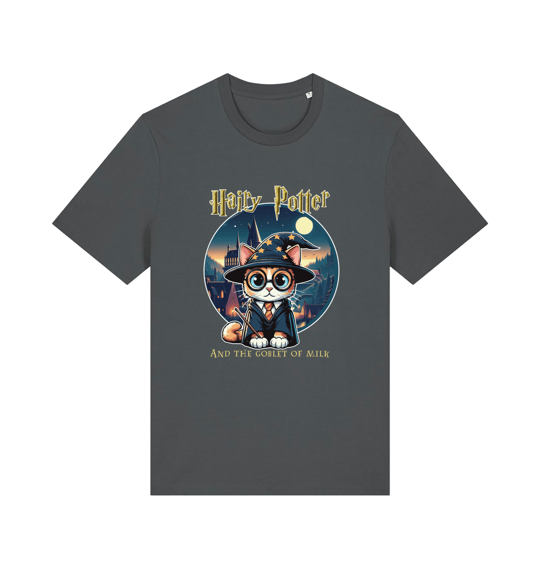 grey geek t-shirt with the graphic of a cat dressed as a wizard and the slogan 'hairy potter and the goblet ofmilk'