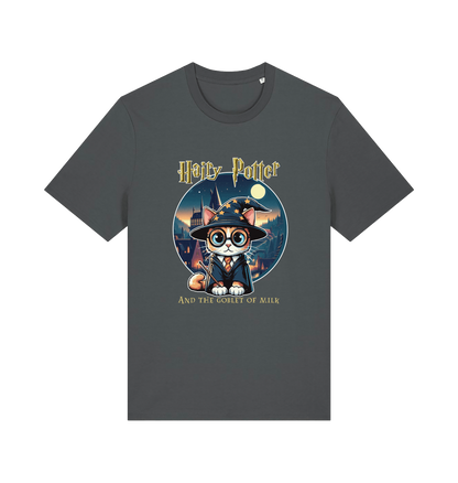 grey geek t-shirt with the graphic of a cat dressed as a wizard and the slogan 'hairy potter and the goblet ofmilk'
