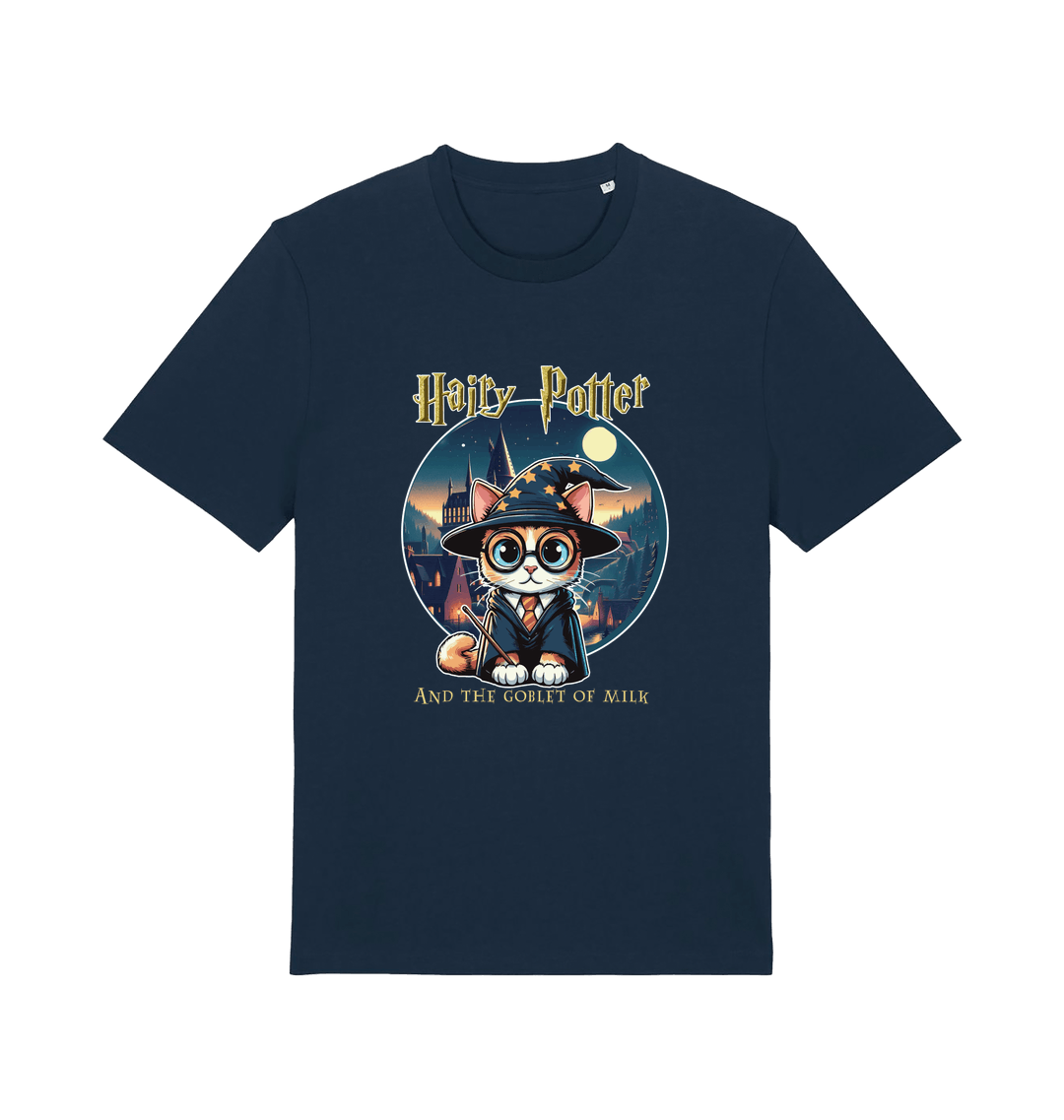 navy geek t-shirt with the graphic of a cat dressed as a wizard and the slogan 'hairy potter and the goblet ofmilk'