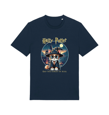 navy geek t-shirt with the graphic of a cat dressed as a wizard and the slogan 'hairy potter and the goblet ofmilk'
