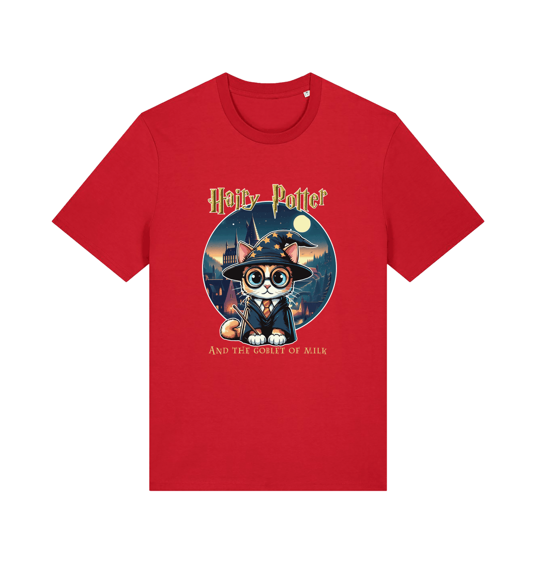 red geek t-shirt with the graphic of a cat dressed as a wizard and the slogan 'hairy potter and the goblet ofmilk'