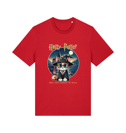 red geek t-shirt with the graphic of a cat dressed as a wizard and the slogan 'hairy potter and the goblet ofmilk'