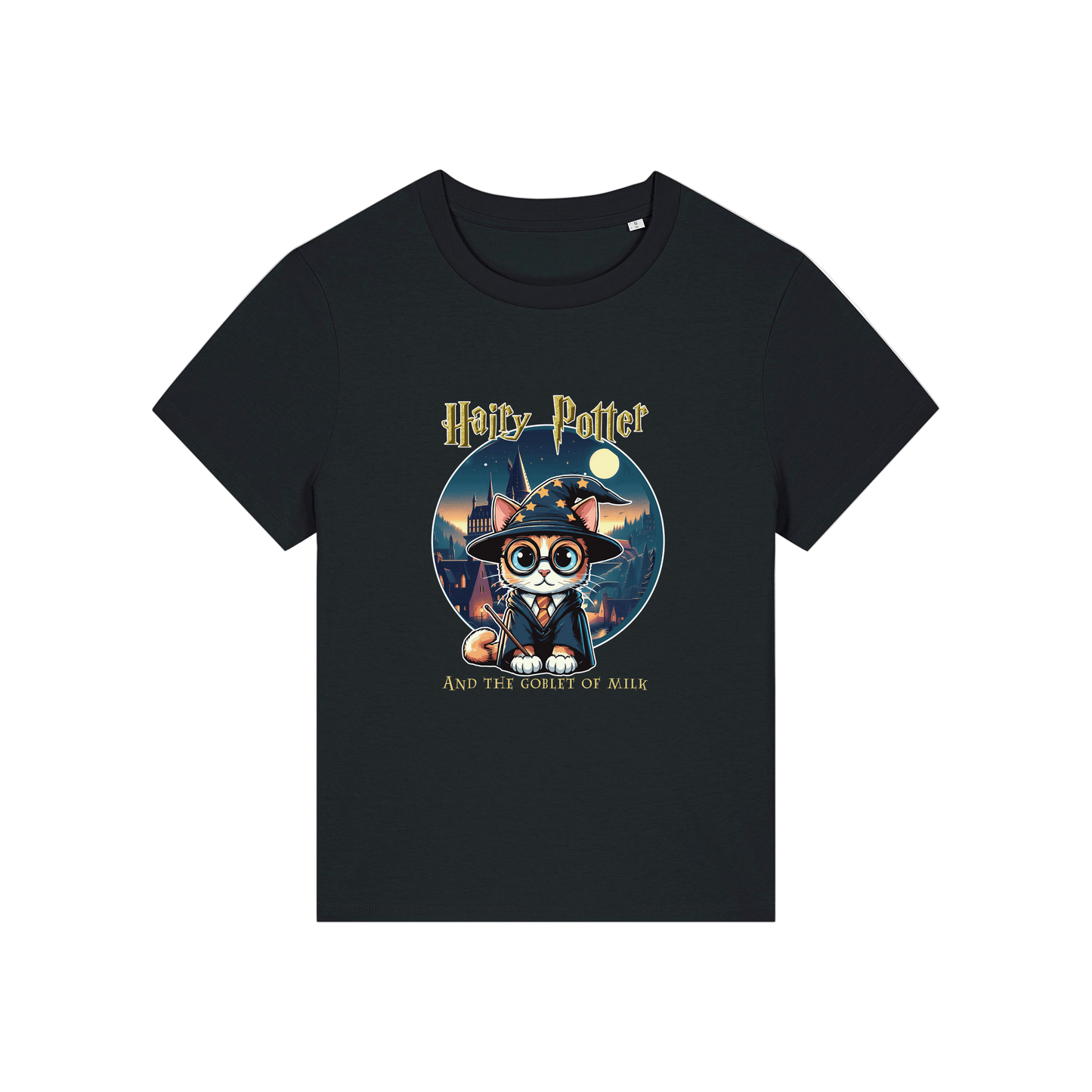 black geek tee with the graphic of a cat dressed as a wizard and the slogan 'hairy potter and the goblet of milk'
